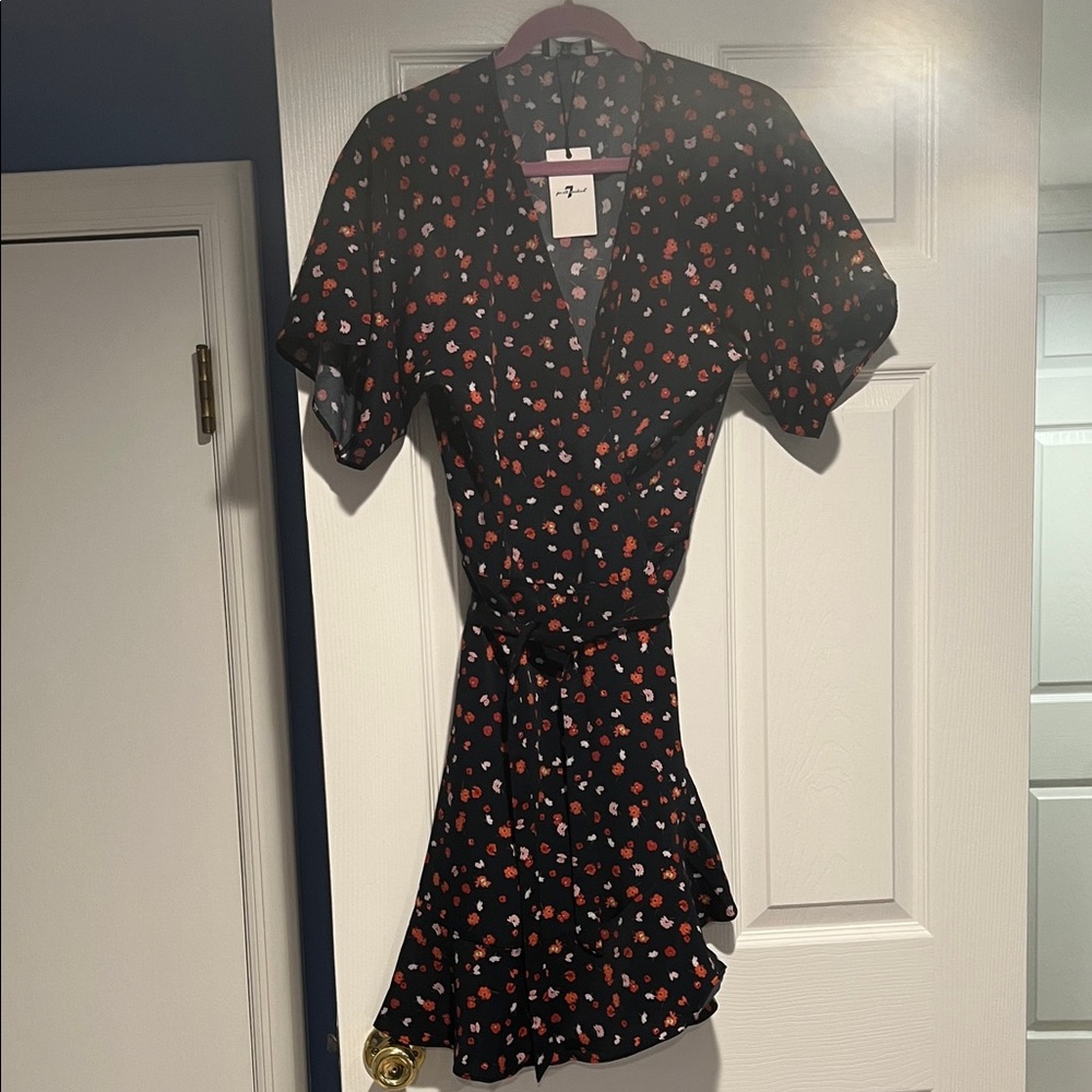 7 For All Mankind Black Mini Dress with Red and White Floral